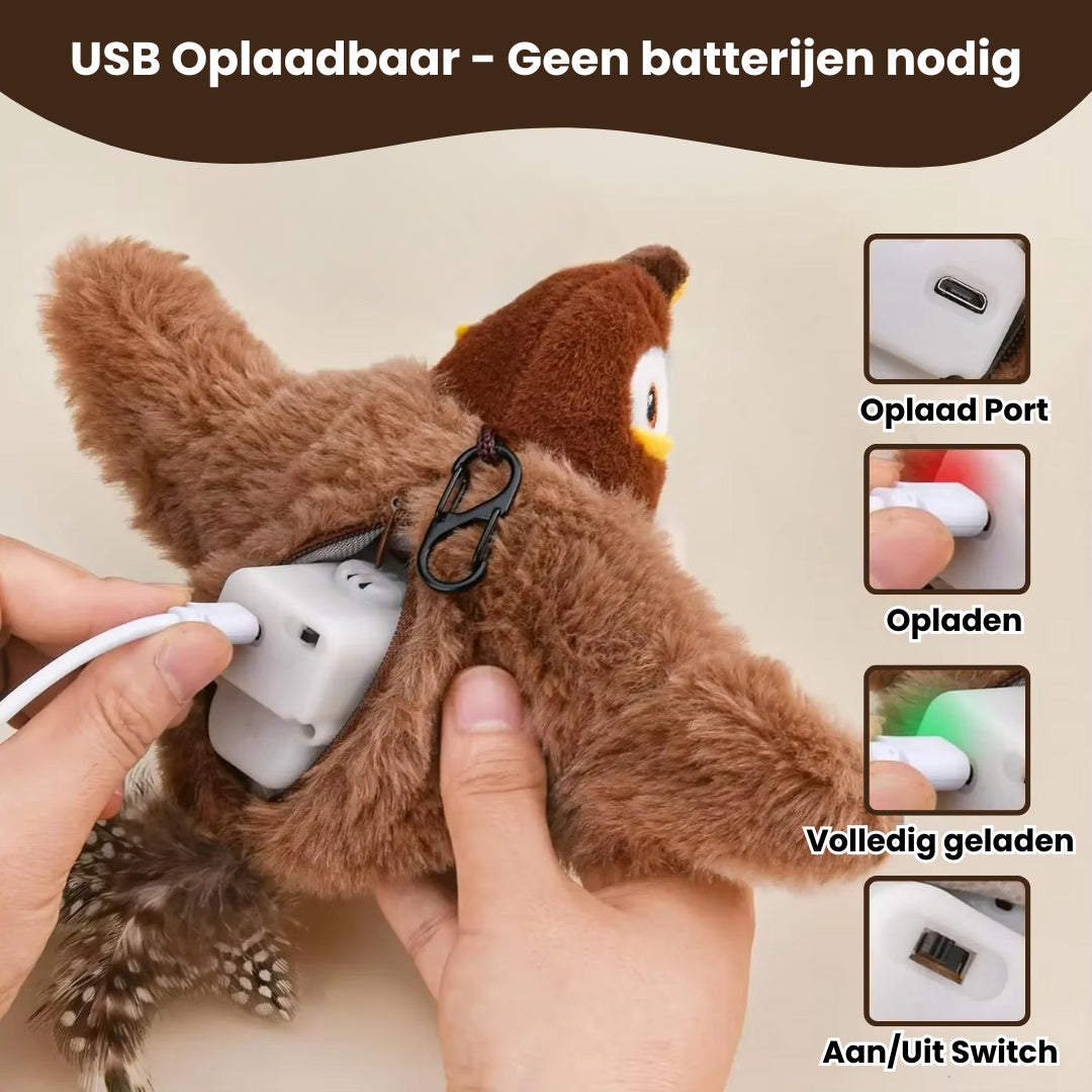 Pootjespret™ Realistische Simulatie Vogel voor Katten - Grote Mus (Flappert + Tjilpt)