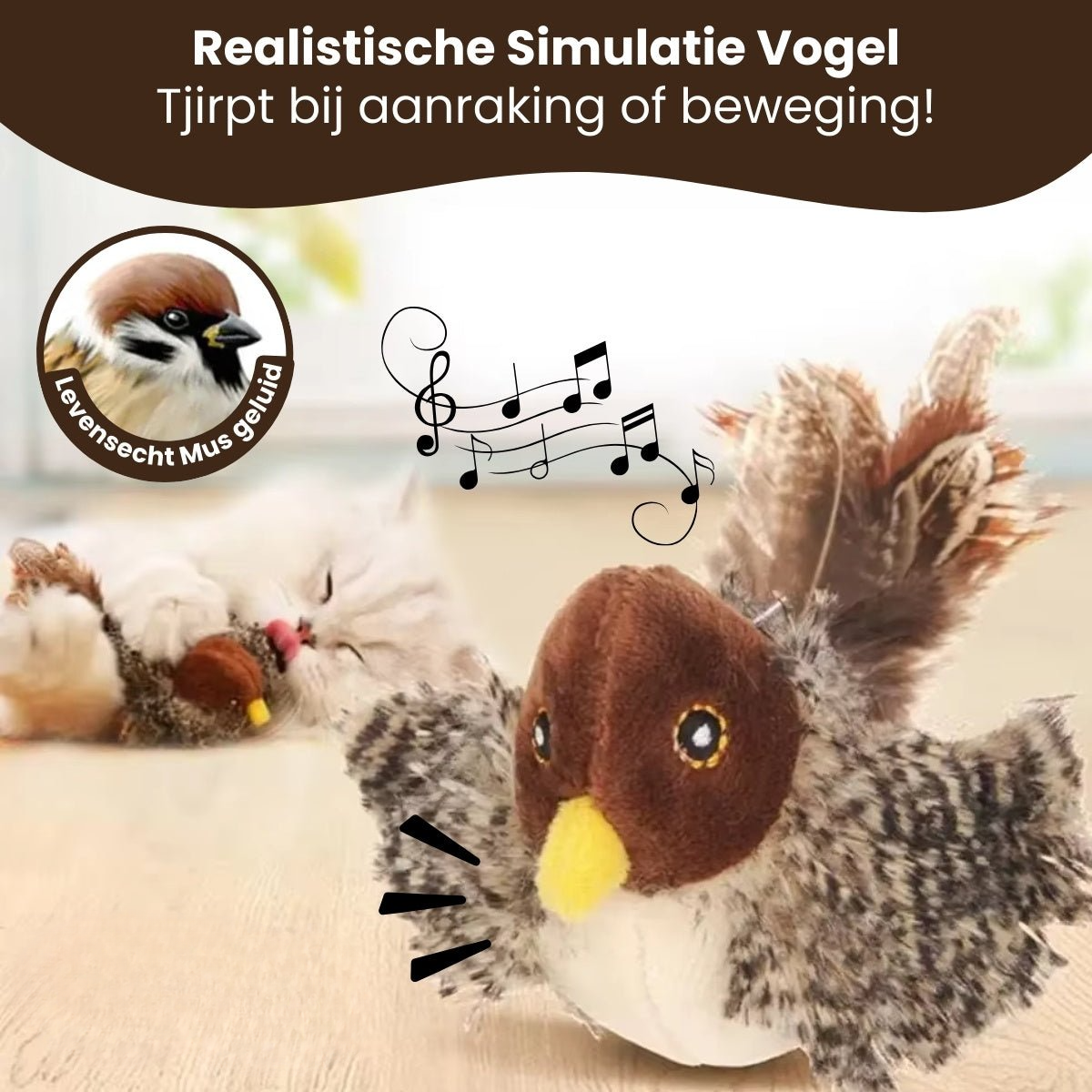 Pootjespret™ Realistische Simulatie Vogel voor Katten - Kleine Mus (Tjilpt)