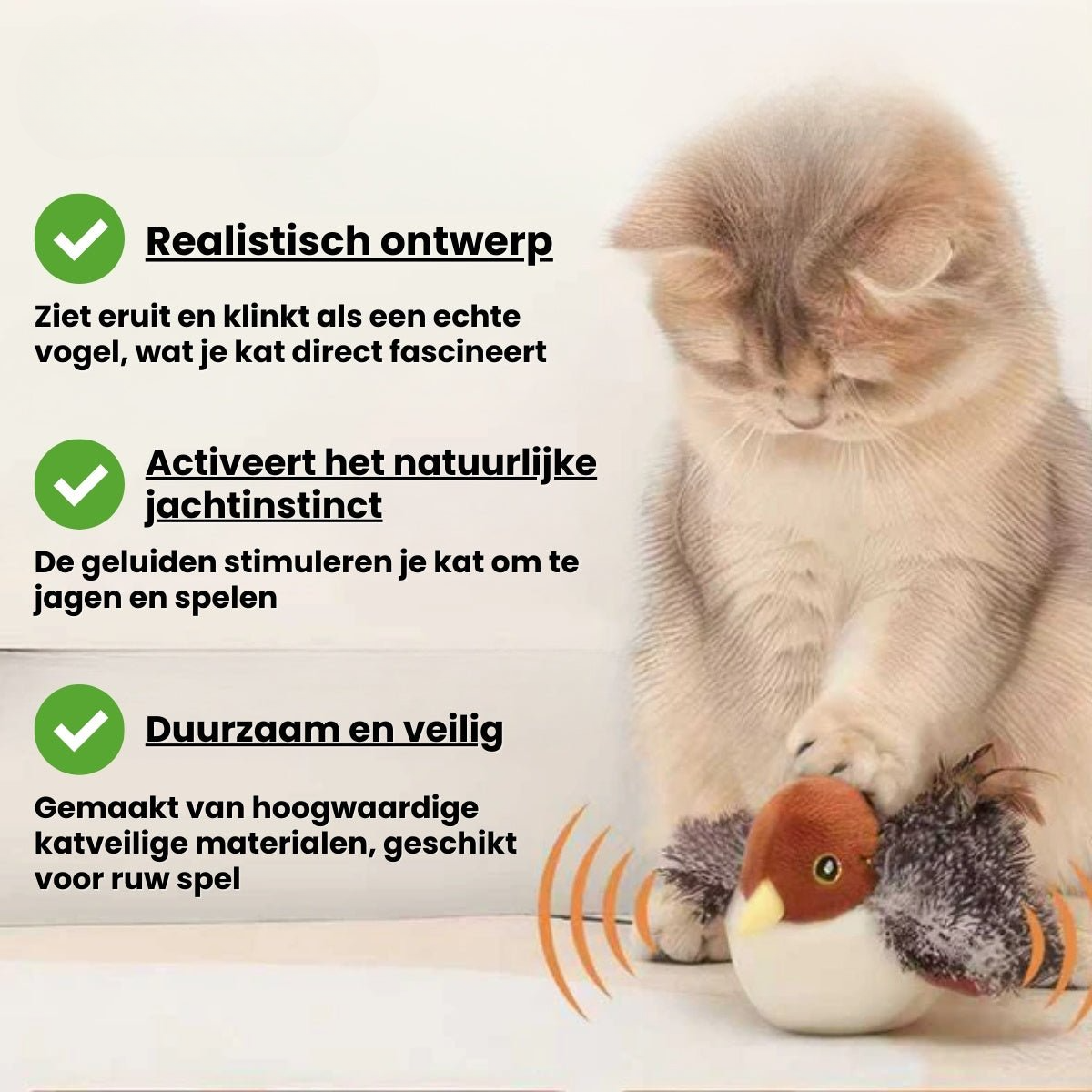 Pootjespret™ Realistische Simulatie Vogel voor Katten - Kleine Mus (Flappert + Tjilpt)