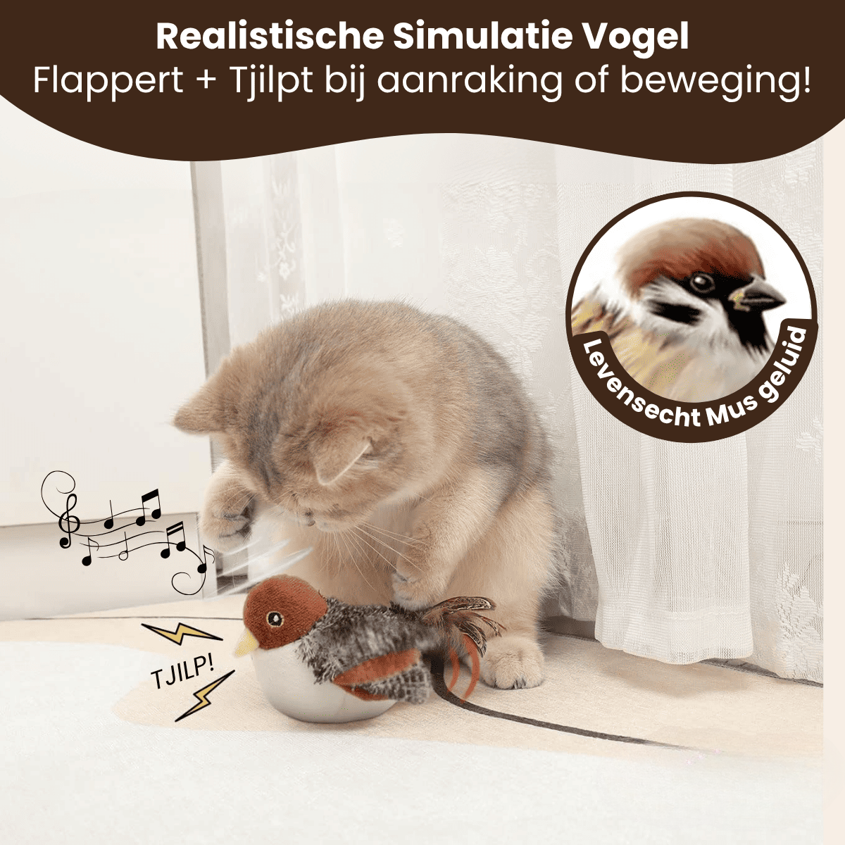 Pootjespret™ Realistische Simulatie Vogel voor Katten - Kleine Mus (Flappert + Tjilpt)