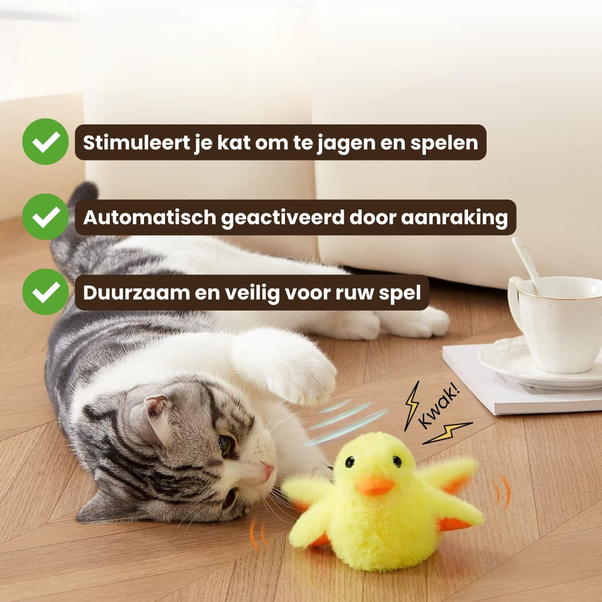 Pootjespret™ Realistische Simulatie Vogel voor Katten - Eend (Flappert + Kwaakt)