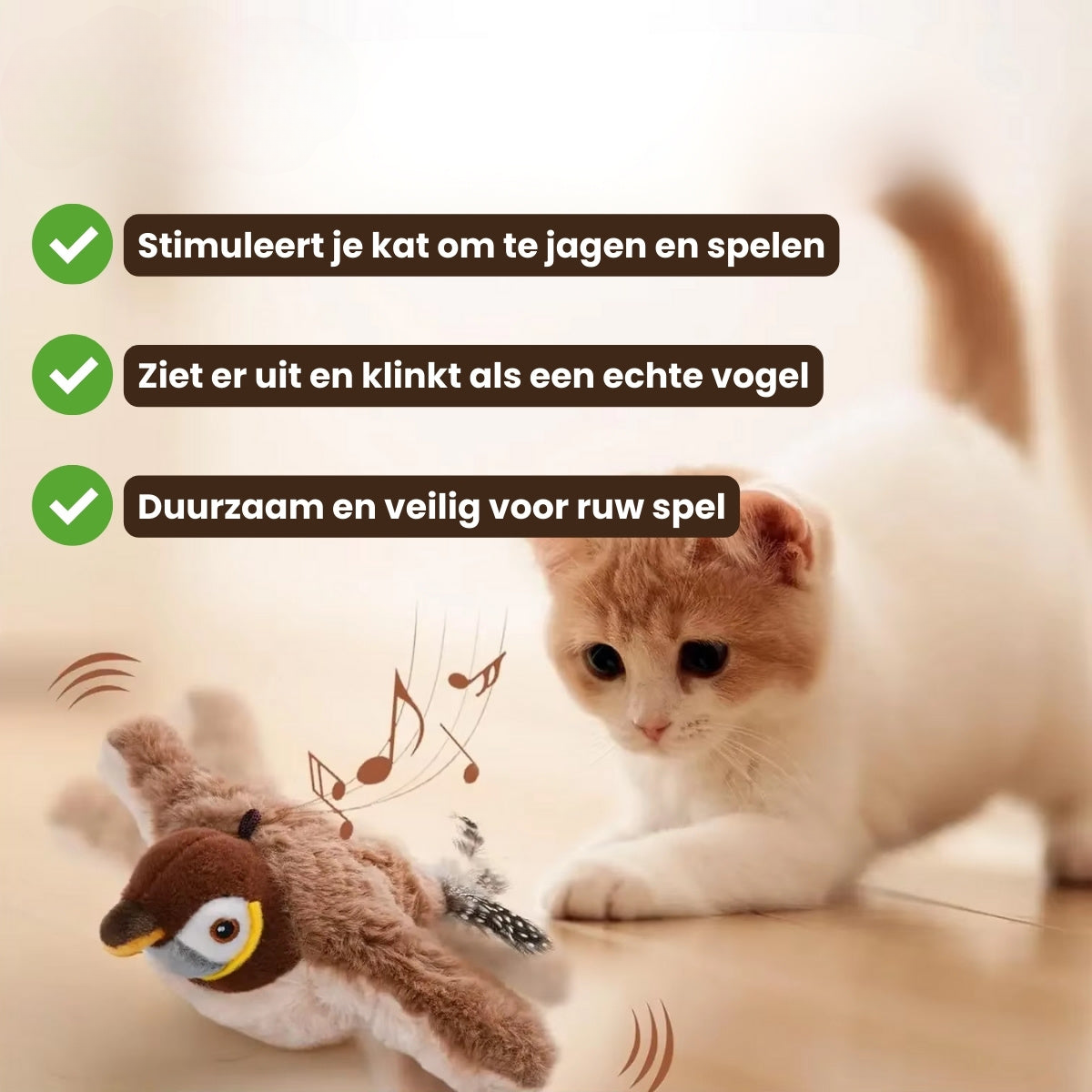 Pootjespret™ Realistische Simulatie Vogel voor Katten - Grote Mus (Flappert + Tjilpt)