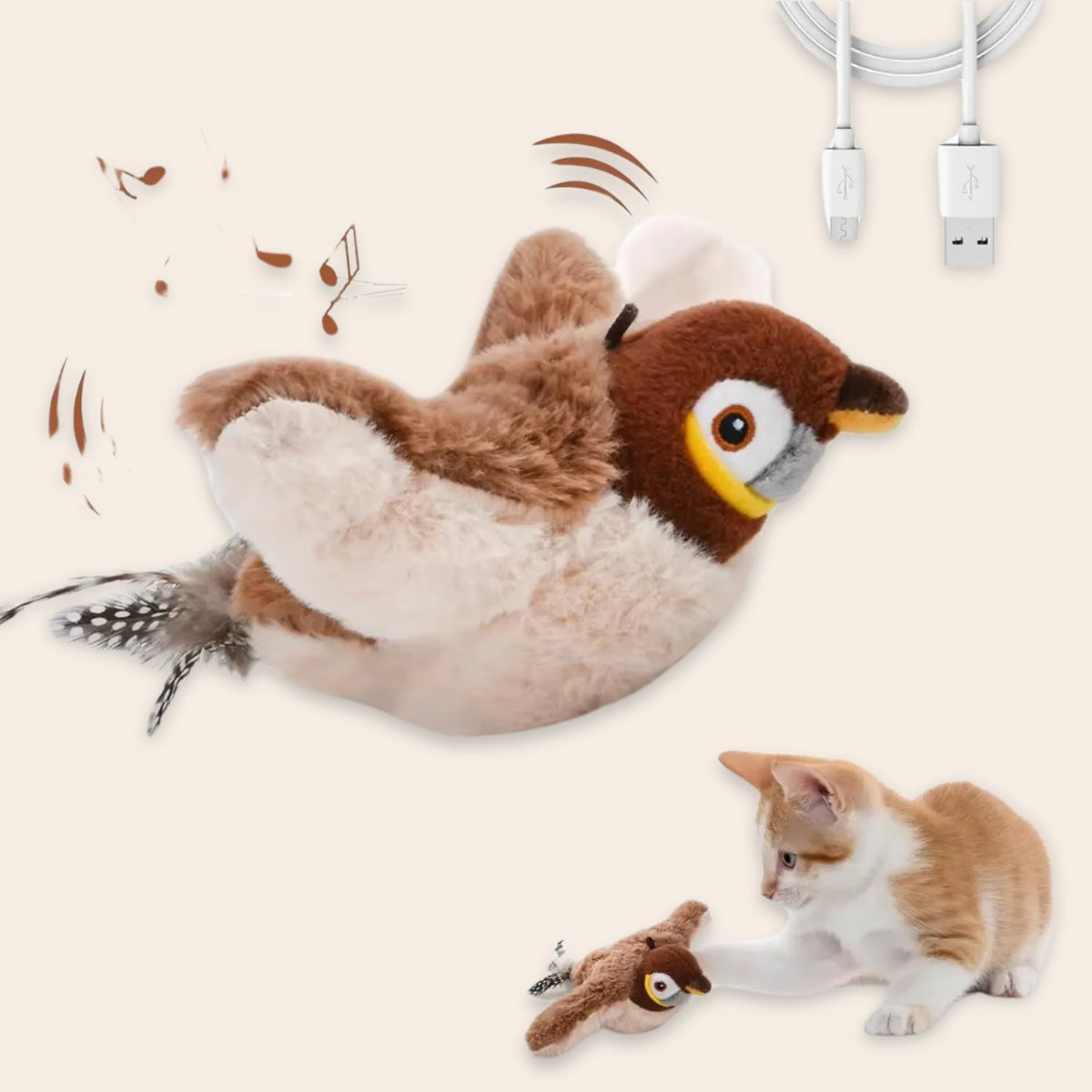 Pootjespret™ Realistische Simulatie Vogel voor Katten - Grote Mus (Flappert + Tjilpt)